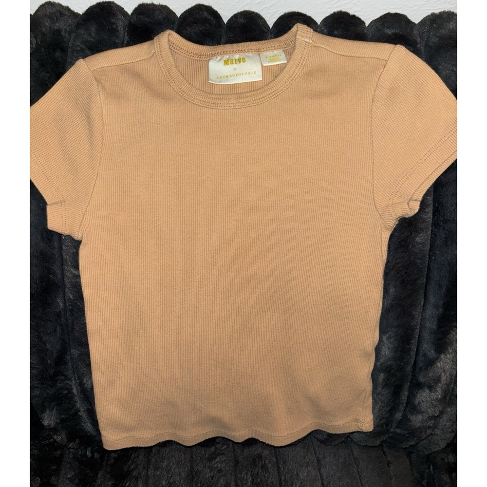 Maeve By Anthropologie Womens Tan Short Cap Sleeve Pullover T-Shirt Size XS